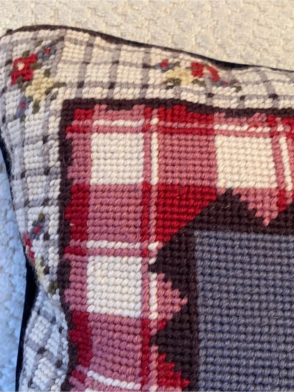 VTG Needlepoint Pillow Wool Apples Plaid Velvet Back 14” Cottage Country Granny